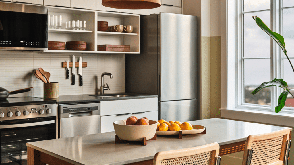 Kitchen with stainless steel appliances, open shelving, and a dining table beside a tall window.