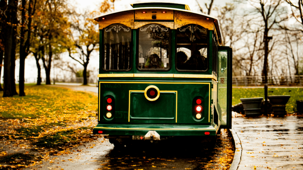 Green trolley on a tree-lined Savannah street scattered with fallen leaves.