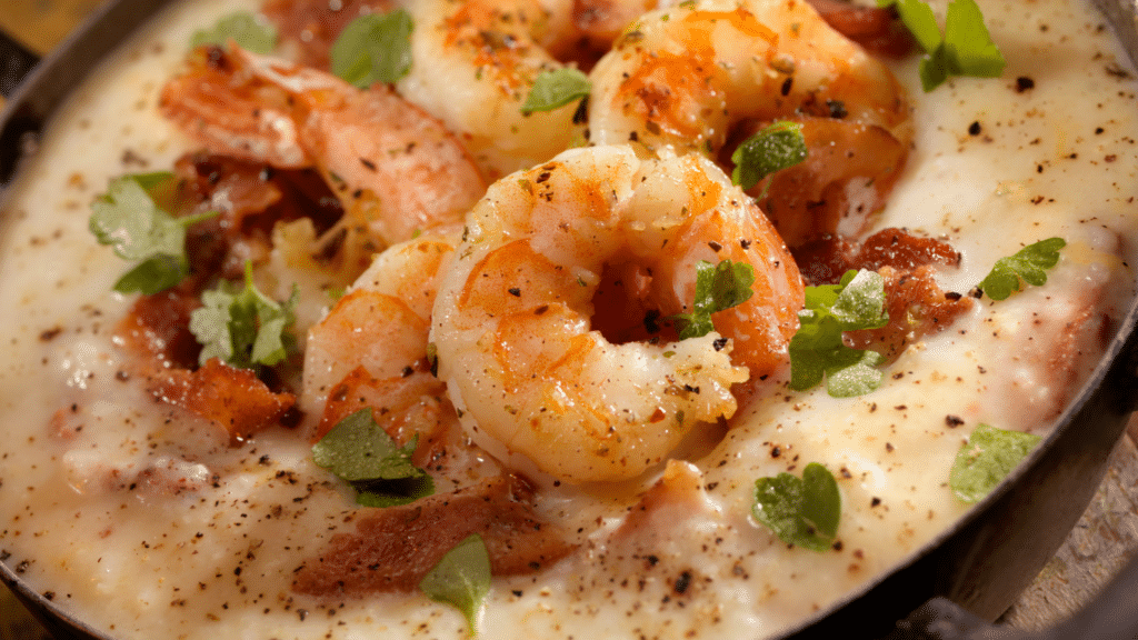 Shrimp and creamy grits topped with bacon and chopped green onions.